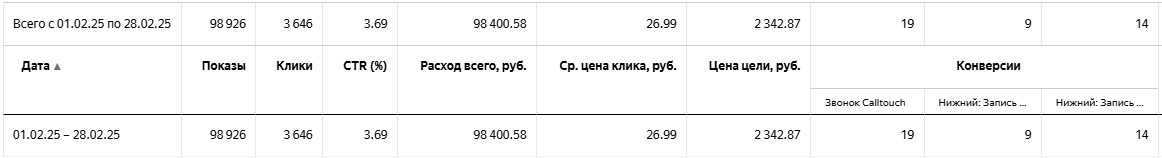 Статистика первой рекламной кампании клиники психологов